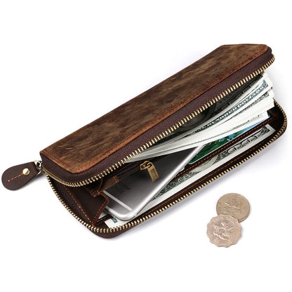 Ruil 2020 New Men Wallet Top Quality Retro Handmade Oil Leather Crazy Horse Leather Zipper Handbag Coin Dollar Purse