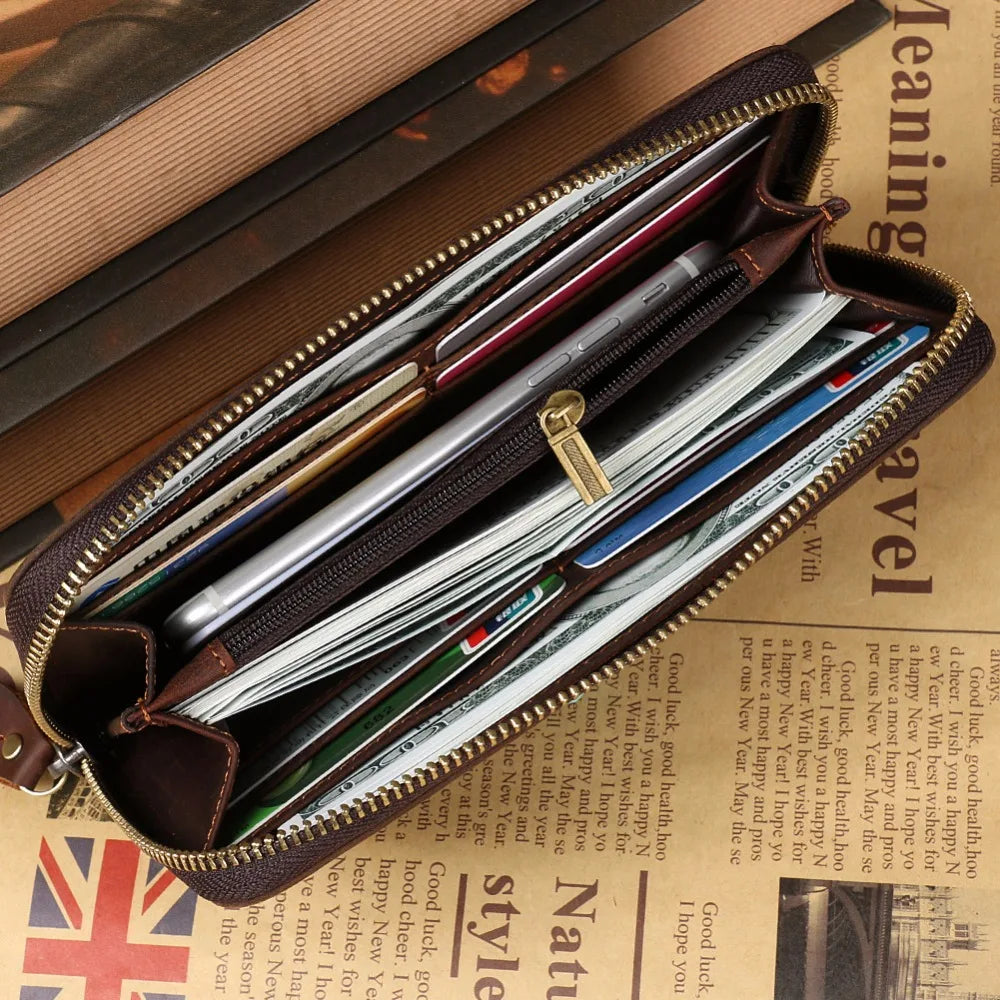 Ruil 2020 New Men Wallet Top Quality Retro Handmade Oil Leather Crazy Horse Leather Zipper Handbag Coin Dollar Purse