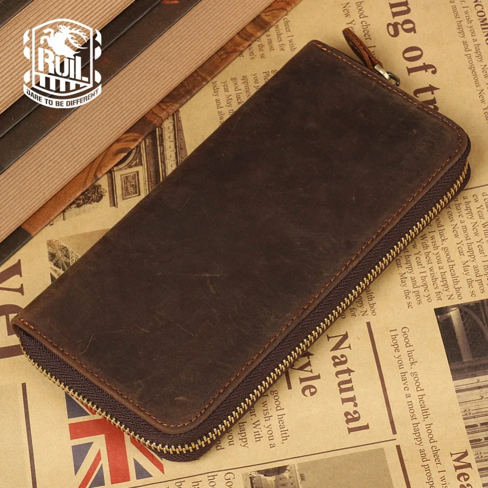 Ruil 2020 New Men Wallet Top Quality Retro Handmade Oil Leather Crazy Horse Leather Zipper Handbag Coin Dollar Purse