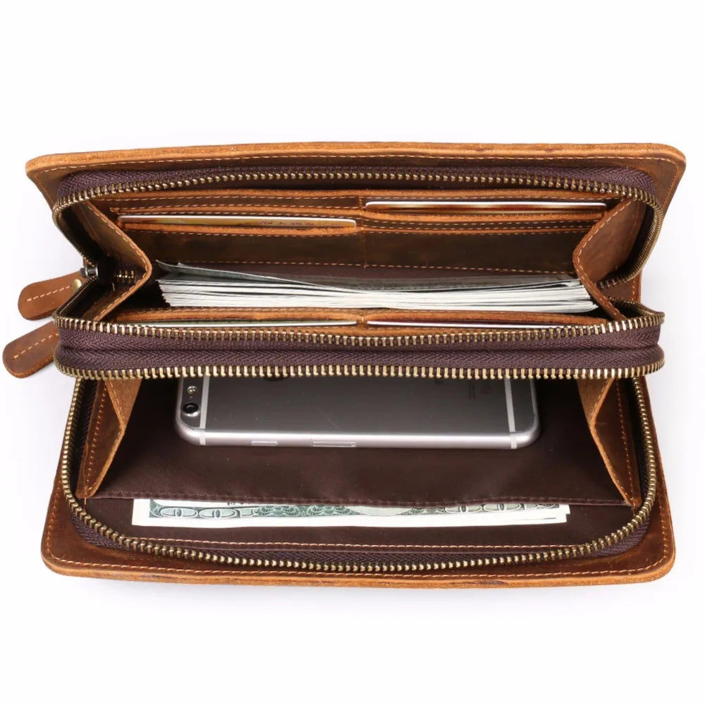 Ruil 2024 New Men Long Wallet Top Quality Retro Handmade Oil Leather Crazy Horse Leather Zipper Handbag Coin Dollar Purse
