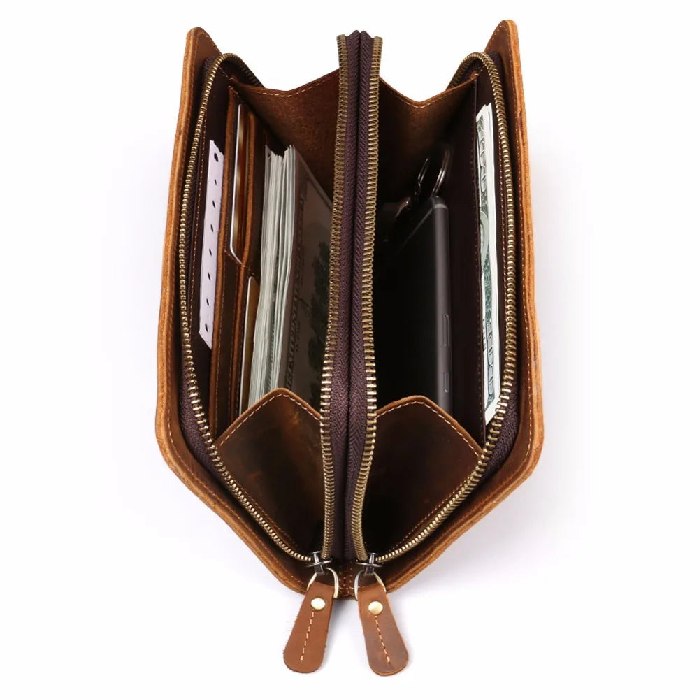 Ruil 2024 New Men Long Wallet Top Quality Retro Handmade Oil Leather Crazy Horse Leather Zipper Handbag Coin Dollar Purse