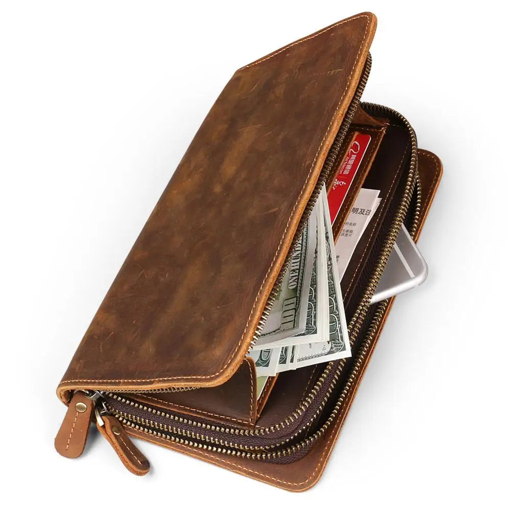 Ruil 2024 New Men Long Wallet Top Quality Retro Handmade Oil Leather Crazy Horse Leather Zipper Handbag Coin Dollar Purse