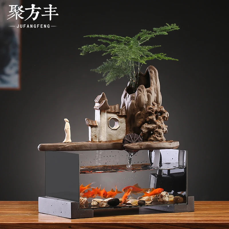 Running water ornaments circulating water small fish tank desktop running water fountain Feng Shui rotation rockery landscape