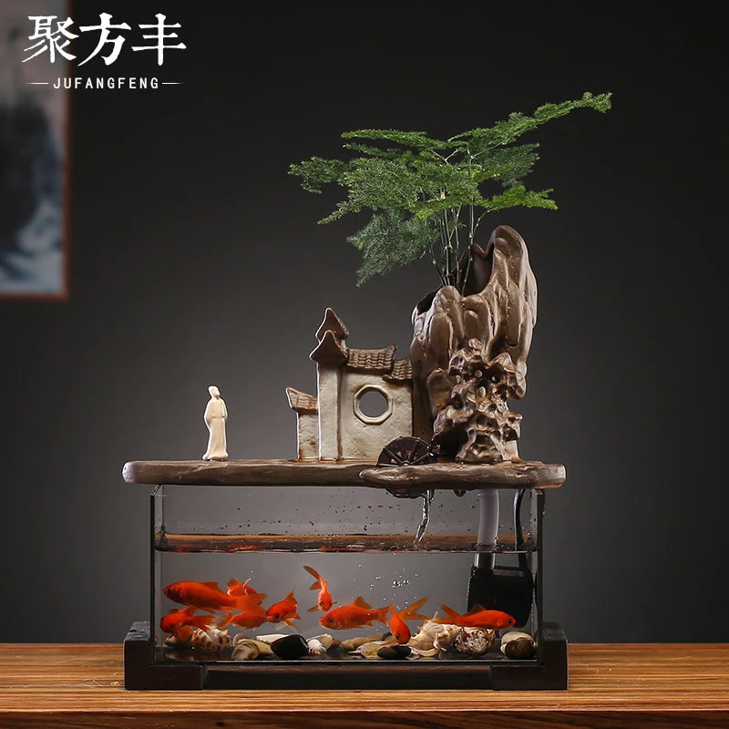 Running water ornaments circulating water small fish tank desktop running water fountain Feng Shui rotation rockery landscape