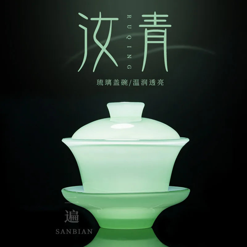 Ruqing Colored Glaze Jade Porcelain Tureen Household Large Three-Piece Tea Bowl Tea Cup Single Kung Fu Tea Tea Maker Tea Cerem