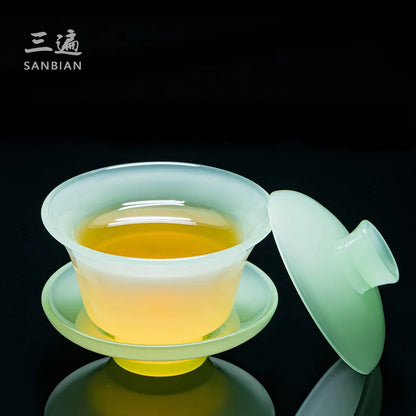 Ruqing Colored Glaze Jade Porcelain Tureen Household Large Three-Piece Tea Bowl Tea Cup Single Kung Fu Tea Tea Maker Tea Cerem