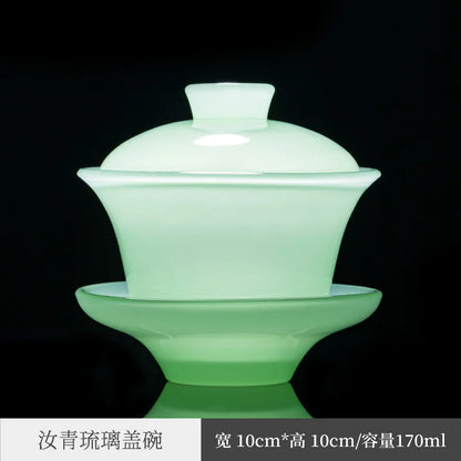 Ruqing Colored Glaze Jade Porcelain Tureen Household Large Three-Piece Tea Bowl Tea Cup Single Kung Fu Tea Tea Maker Tea Cerem