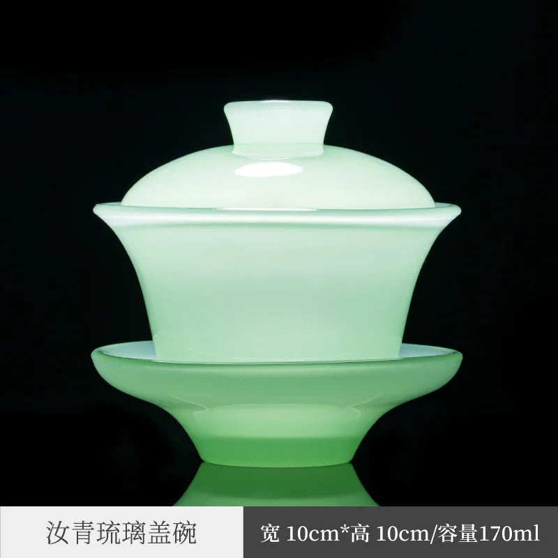 Ruqing Colored Glaze Jade Porcelain Tureen Household Large Three-Piece Tea Bowl Tea Cup Single Kung Fu Tea Tea Maker Tea Cerem
