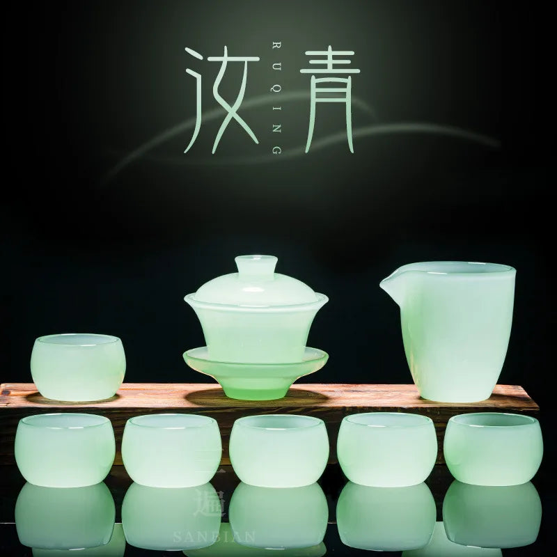 Ruqing Glass Tea Set White Jade Tea Cup Home Office Reception Jade Porcelain Glass Kung Fu Tureen Gift Box