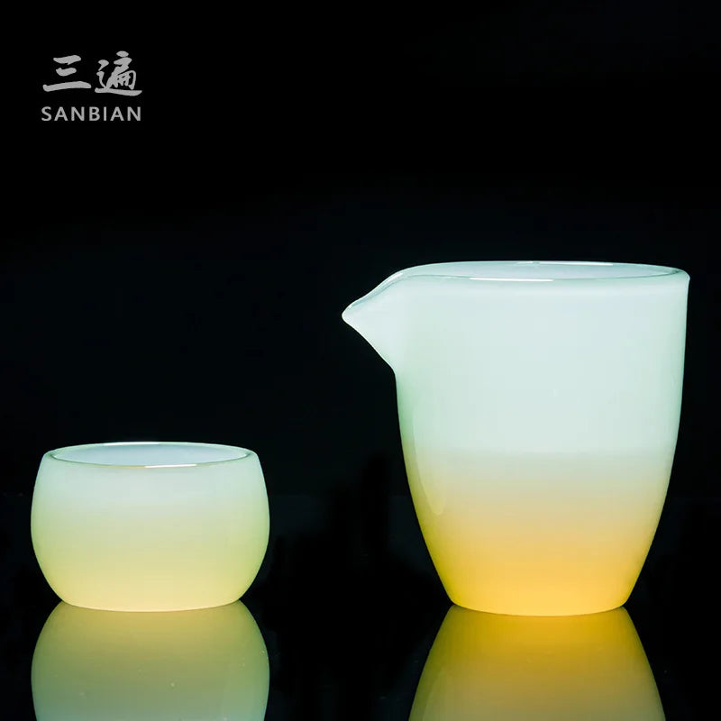 Ruqing Glass Tea Set White Jade Tea Cup Home Office Reception Jade Porcelain Glass Kung Fu Tureen Gift Box