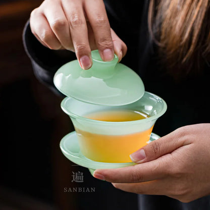 Ruqing Glass Tea Set White Jade Tea Cup Home Office Reception Jade Porcelain Glass Kung Fu Tureen Gift Box