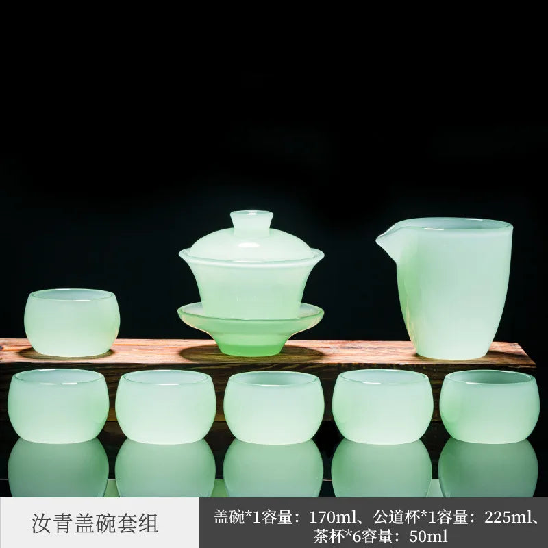 Ruqing Glass Tea Set White Jade Tea Cup Home Office Reception Jade Porcelain Glass Kung Fu Tureen Gift Box