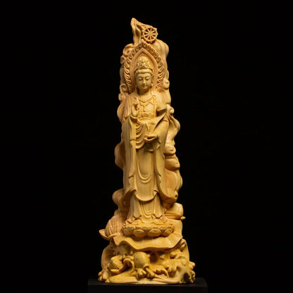 Ruyi Guanyin Buddha Statue Buddhism Worship Ornaments Solid Wood Folk Hand-carved Crafts