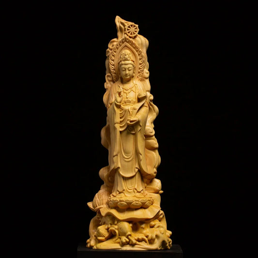 Ruyi Guanyin Buddha Statue Buddhism Worship Ornaments Solid Wood Folk Hand-carved Crafts