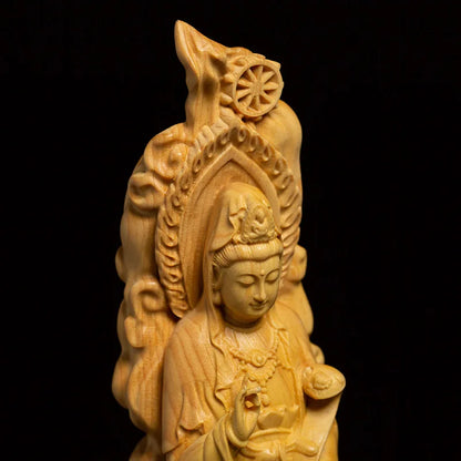 Ruyi Guanyin Buddha Statue Buddhism Worship Ornaments Solid Wood Folk Hand-carved Crafts