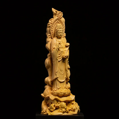 Ruyi Guanyin Buddha Statue Buddhism Worship Ornaments Solid Wood Folk Hand-carved Crafts