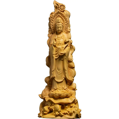 Ruyi Guanyin Buddha Statue Buddhism Worship Ornaments Solid Wood Folk Hand-carved Crafts