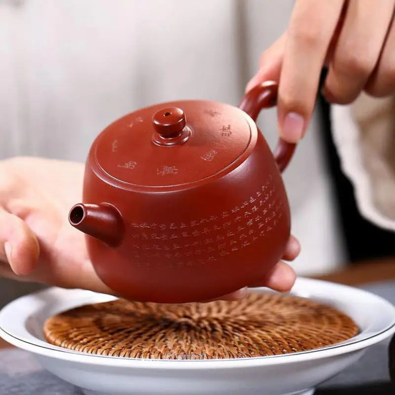 Hand-carved Heart Sutra Well Barrel Pot, Zisha Teapot, Yixing Handmade Pot, Kung-Fu Teaware, Purple Clay Drinkware for Puer