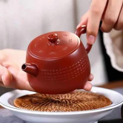 Hand-carved Heart Sutra Well Barrel Pot, Zisha Teapot, Yixing Handmade Pot, Kung-Fu Teaware, Purple Clay Drinkware for Puer