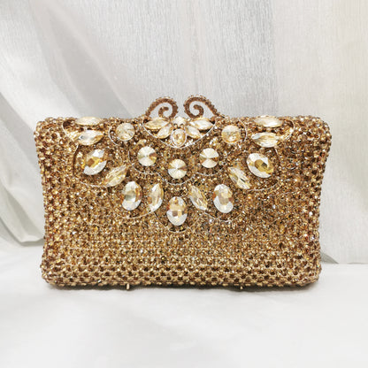 Woman Gold AB Crystal Dinner Party Evening Bag Cocktail Prom Female Hollow Floral Handbag Wedding Bridal Flower Diamond Purse