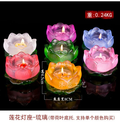 A SET # Asia HOME family Protection Talisman Worship censer 7 Color Glaze crystal Lotus saintly temple Holy Lotus flower lamp