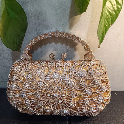 Woman Wedding Bridal Handle Gold Evening Bag Crystal Diamond Birthday Dinner Elegant Purse Flower Floral Cocktail Party Handbag