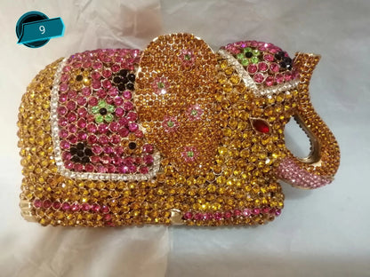 Woman Gold Diamond Elephant Evening Purse Cocktail Prom Toted Animal Dinner Handbag Wedding Bridal Party Lady Crystal Clutch Bag
