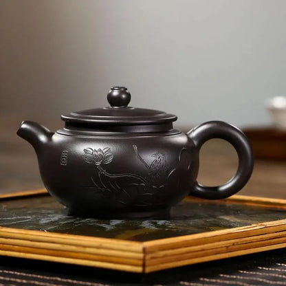 Zisha Teapot Yixing Handmade Pot, Kung-Fu Teaware, Purple Clay Drinkware for Puer Green Black Chinese Tea, Black Vermilion Clay