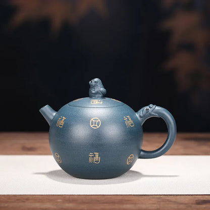 Handmade Zisha Teapot, Raw Ore, Clear Mud Drawing Gold, Auspicious Beast,  Yixing Handmade Pot, Kung-Fu Teaware, Purple Clay Dri