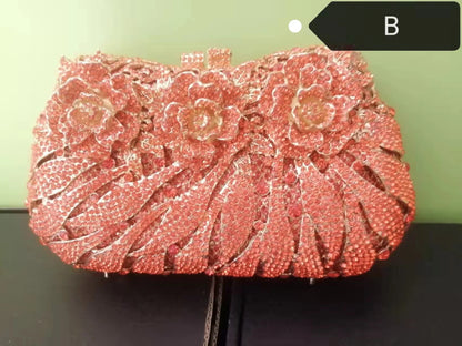 Woman Gold Pink Champagne Diamond Clutch Flower Shape Hollow Out Evening Purse Wedding Bridal Floral Bag Party Crystal Handbag