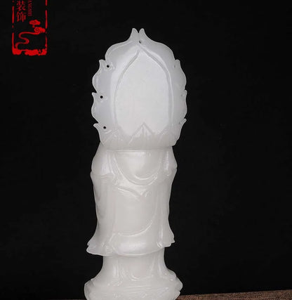 30CM Large Blessing Home wall office efficacious Talisman Guanyin Buddha Avalokitesvara white Jade carving Sculpture statue