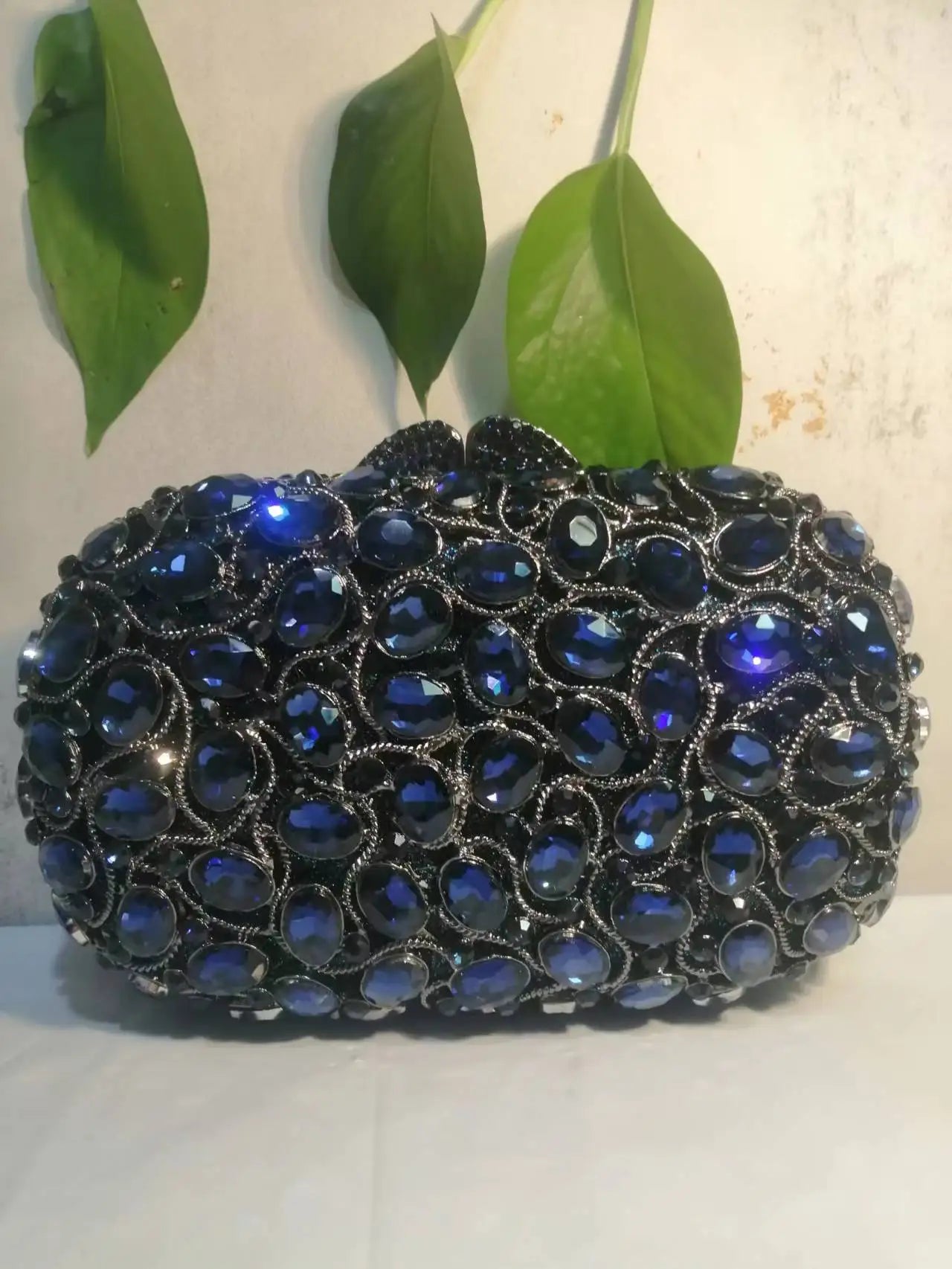 Woman Dard Blue Crystal Dinner Evening Bag New Arrival Hollow Diamond Party Purse Wedding Bridal Banquet Birthday Prom Handbag