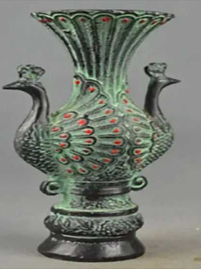 Collectable Handmade Old Bronze Carved Double-Sided Tail Peacock Auspicious Vase