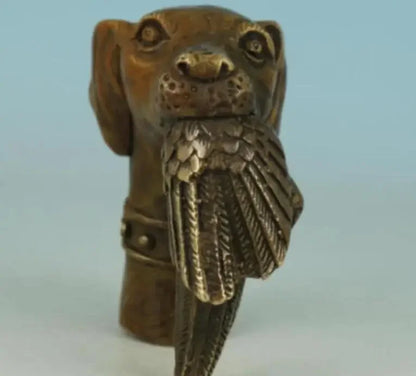 Chinese Old Bronze Hand Carved Dog Bitten Birds Statue Cane Walking Stick Head