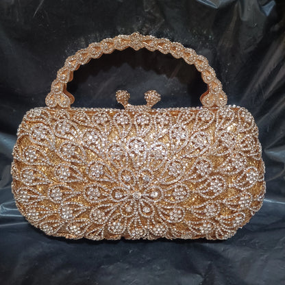 Gold Hollow Out Flower Gala Metal Crystal Purse Shinny Diamond Dinner Party Handbag Woman Wedding Bridal Floral Bag With Handle