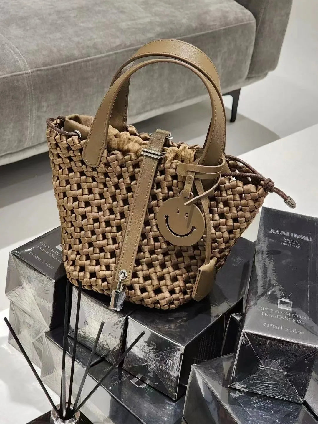 2024 New High end Handmade Woven Bag, Cowhide Vegetable Basket, Handheld Nylon Fabric Woven Bag, Versatile Shoulder Bag