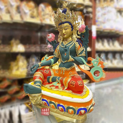 high grade colored draw Good Buddha statue bless family Safety Health luck Green Tara Guan yin Buddha Painted Buddha statue