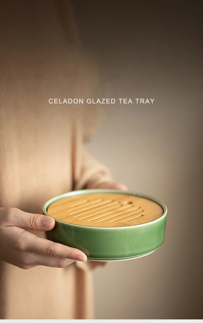 330ML Celadon Glazed Ceramic Tea Tray Natural Bamboo Plate Tea Board Kung Fu Tea Accessories