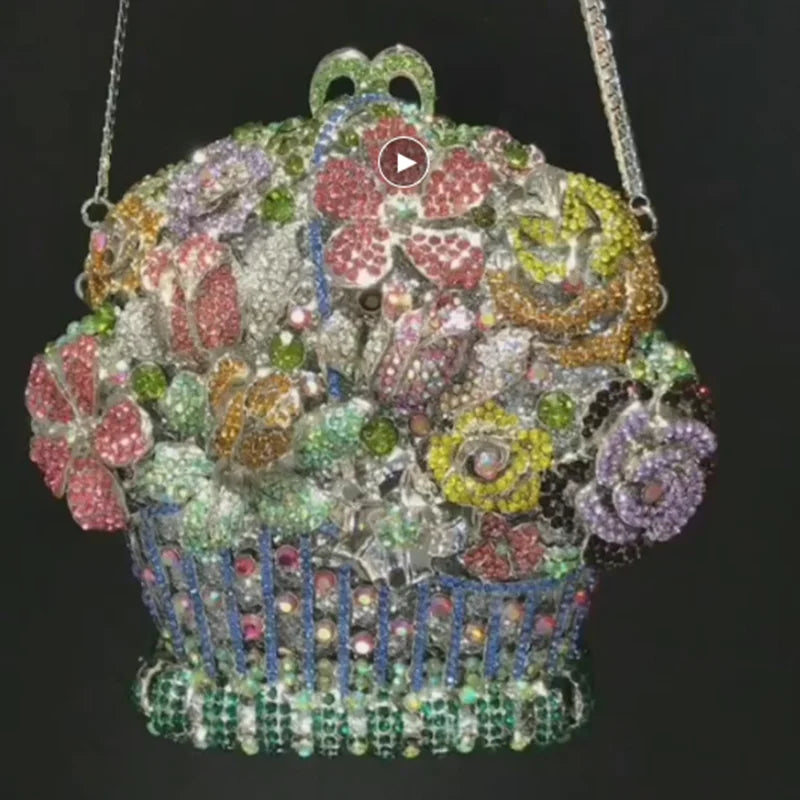 Woman Multicolored Diamond Flower Basket Bag Dinner Party Crystal Floral Elegant Purse Wedding Bridal Banquet Gala Stone Handbag