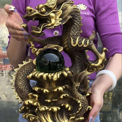 Lage Good LUCK Auspicious wealth dragon Crystal ball Luck Feng Shui talisman brass Sculpture statue Home office Decor ART