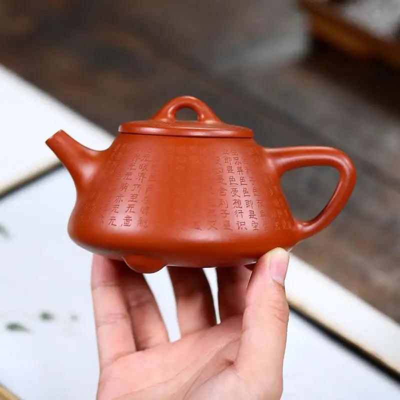 Mud Carved and Painted Heart Scripture Stone Ladle Teapot, Zisha Teapot, Handmade Pot, Kung-fu, Original Ore Vermilion Mud