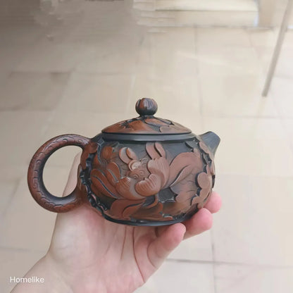 Jianshui Purple Clay Pure Handmade Lotus Xishi Full Carving Tea Pot(Not Yixing Zisha) Kung Fu Tea Set Drinkware Tea Ceremony