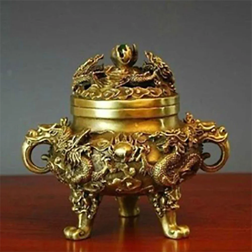 Exquisite Collectible Chinese Brass Dragons Incense Burner