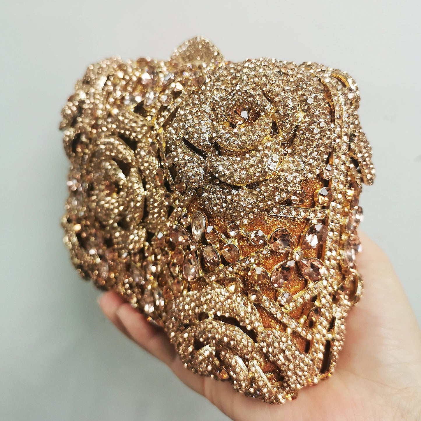 Woman Champagne Diamond Flower Dinner Banquet Handbag Floral Crystal Wedding Bridal Evening Bag Party Gala Cocktail Rose Purses