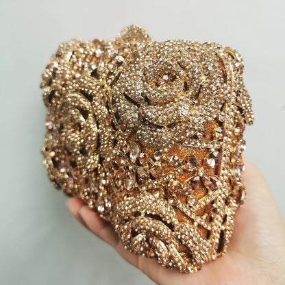 Woman Champagne Diamond Flower Dinner Banquet Handbag Floral Crystal Wedding Bridal Evening Bag Party Gala Cocktail Rose Purses