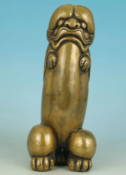 Bronze Action man guard Foo Dog Lion male Carved Penis God Collect Statue Figure