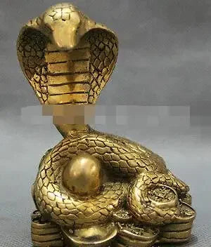 Chinese Pure Brass Year Zodiac Ball Snake On Wealth YuanBao Coin Statue Animals