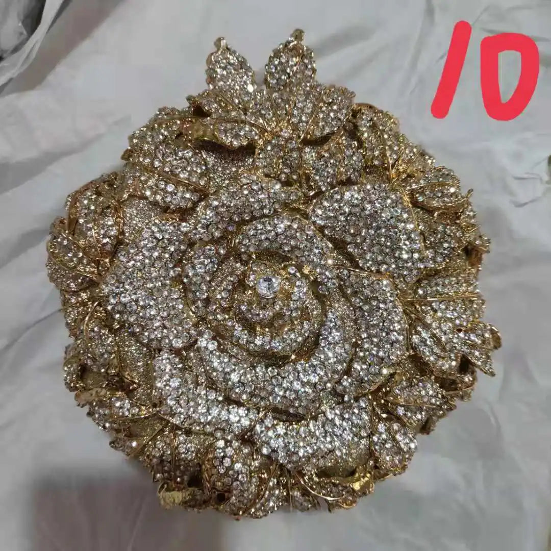 Mini Rose Woman White Diamond Gold Evening Purse Flower Crystal Wedding Bridal Clutch Bag Birthday Party Gala Dinner Handbags