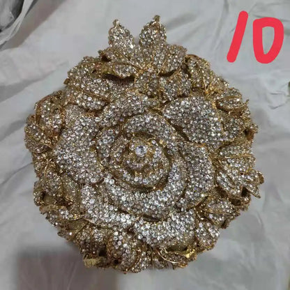 Mini Rose Woman White Diamond Gold Evening Purse Flower Crystal Wedding Bridal Clutch Bag Birthday Party Gala Dinner Handbags