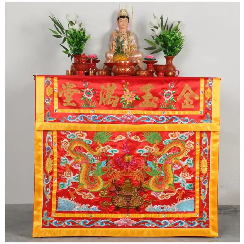 Buddhist HOME Temple Worship Guanyin Buddha JINYU MANTANG Auspicious golden Dragons Embroidery Altar table enclosure Curtain